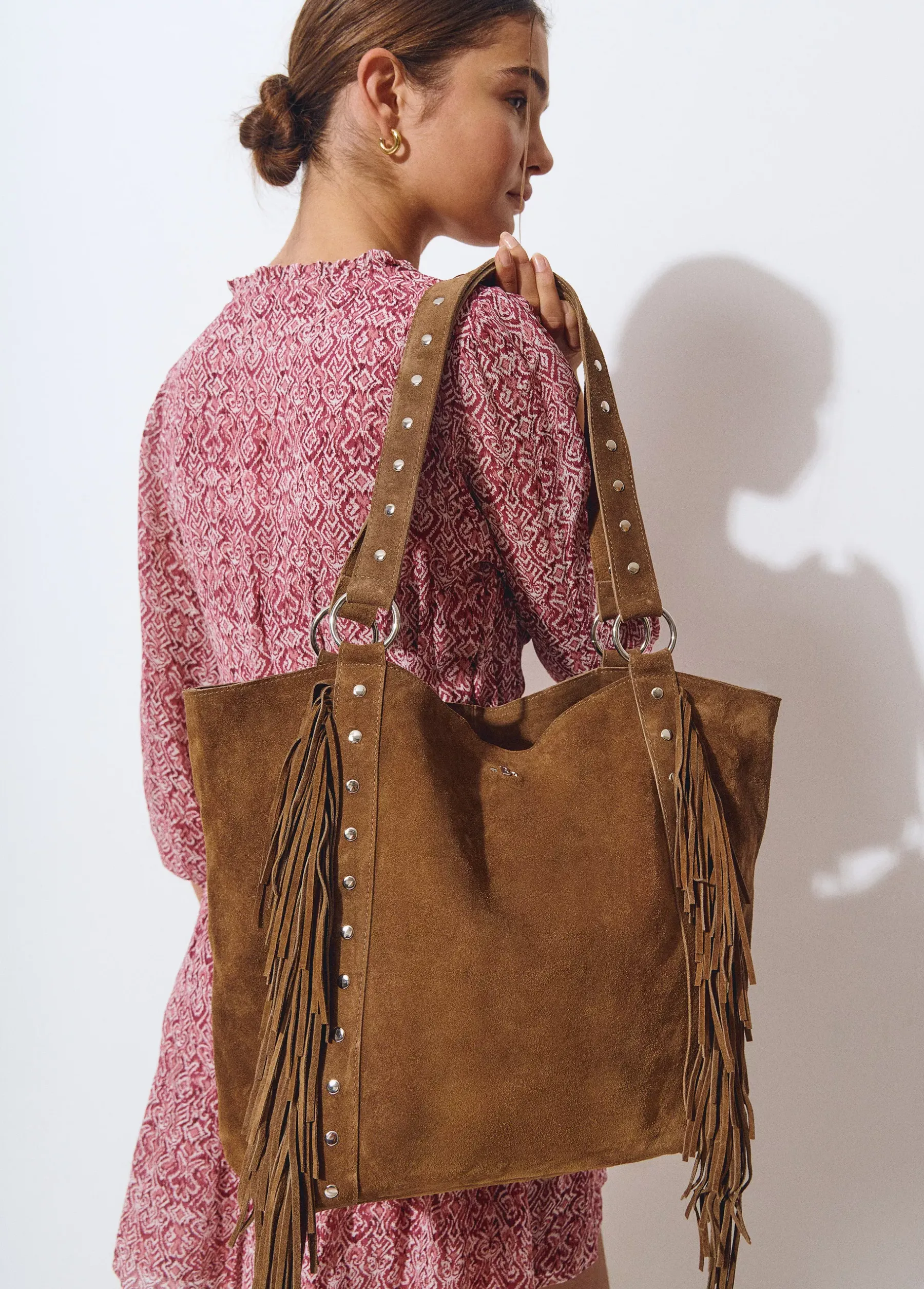 Bolsos*Brownie Bolso piel shopper flecos Taupeoscuro