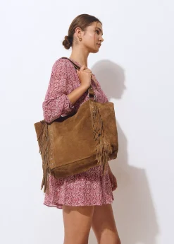 Bolsos*Brownie Bolso piel shopper flecos Taupeoscuro