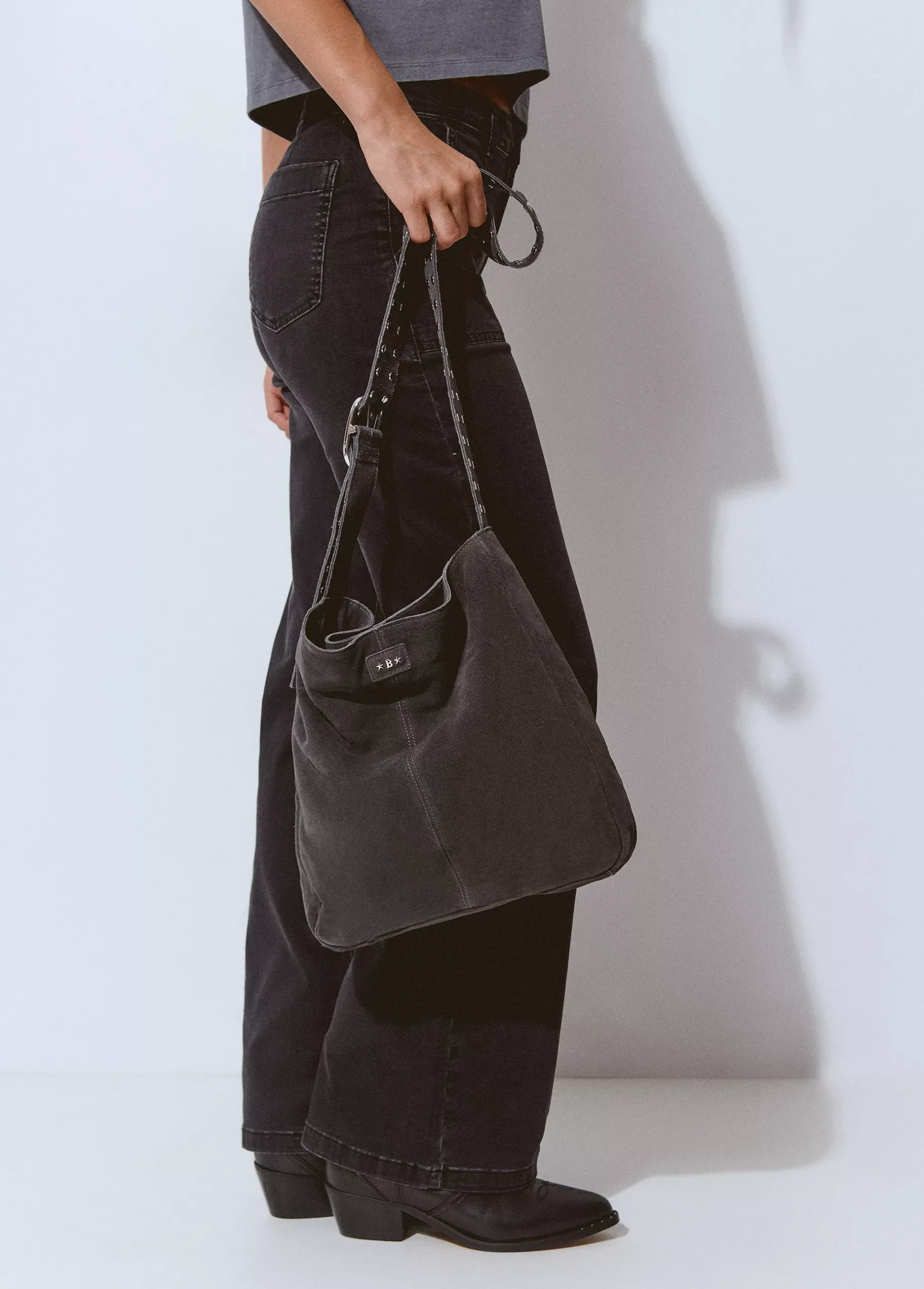 Bolsos*Brownie Shopper piel correa tachas Gris