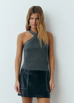 Punto|Camisetas Y Tops*Brownie Top cruzado tachas hilo metalizado Grisoscuro