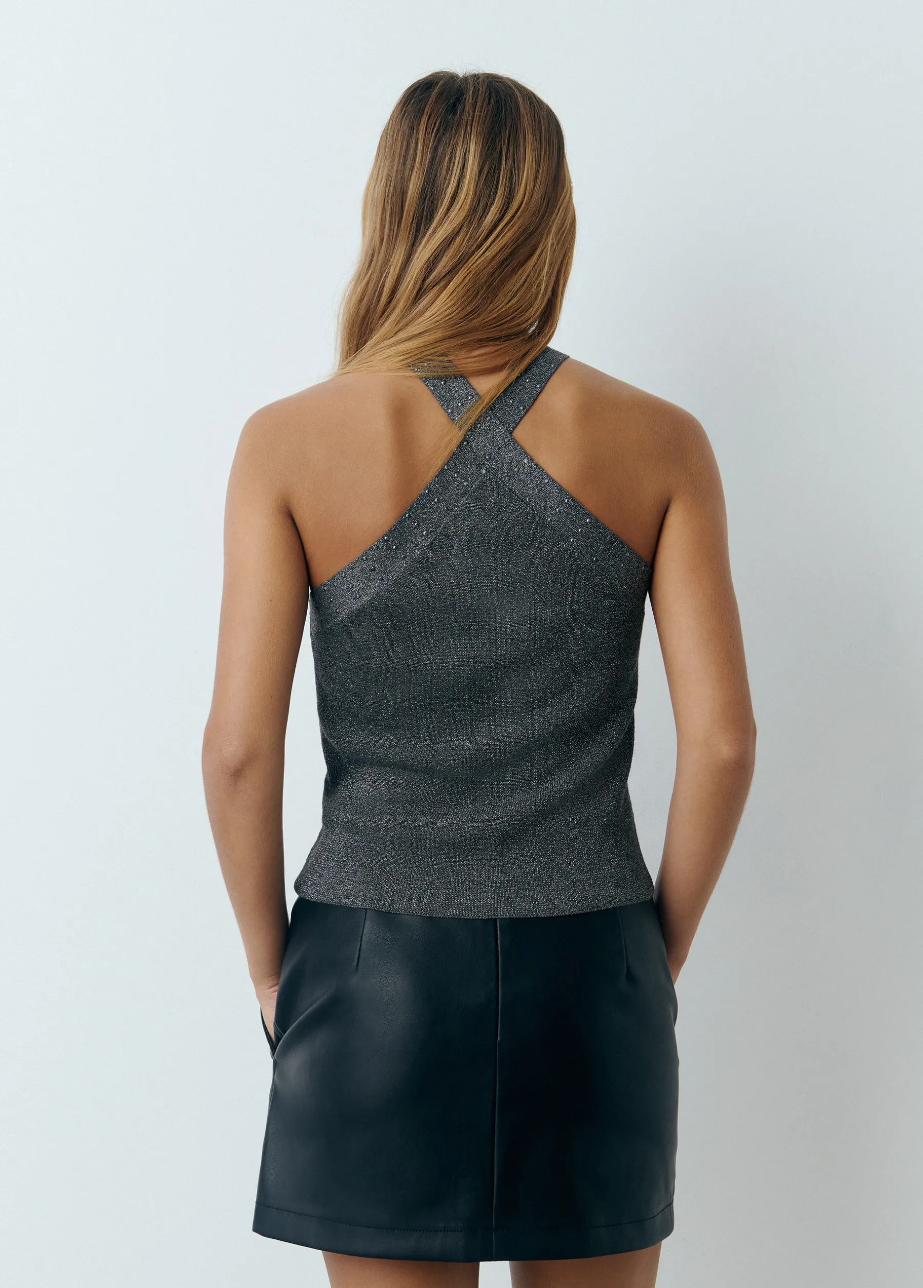 Punto|Camisetas Y Tops*Brownie Top cruzado tachas hilo metalizado Grisoscuro